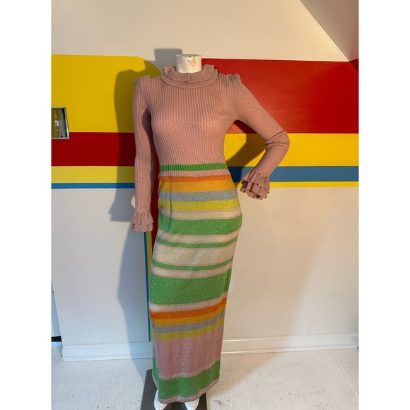 1970s 1960s vintage candy stripe pink wool maxi dress small Banff lurex metallic - Picture 3 of 9